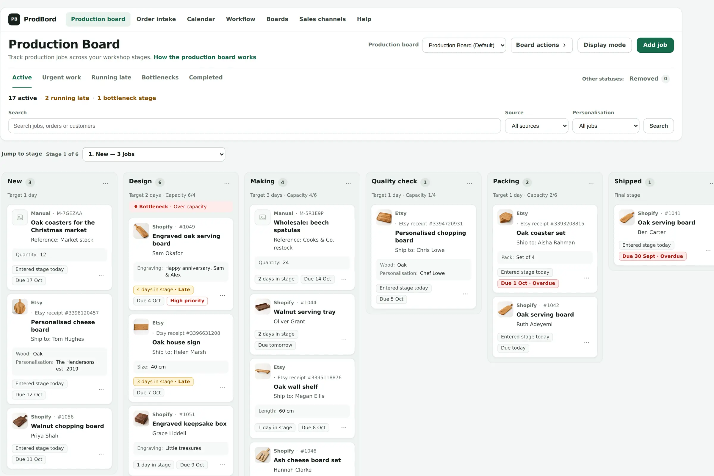 ProdBord showing production jobs organised into stages