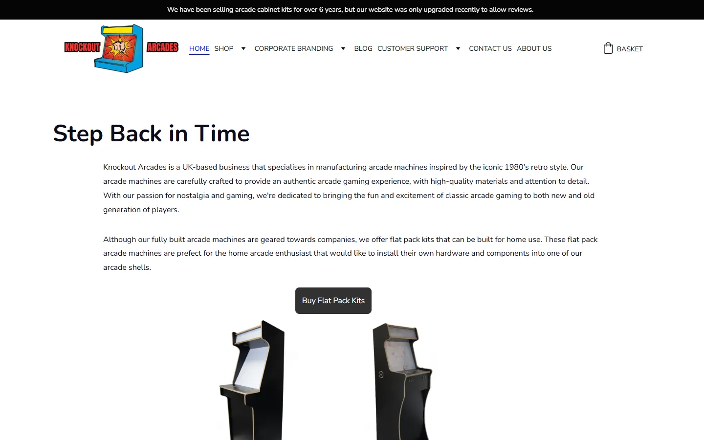 Before: the old Knockout Arcades homepage, a white page headed Step Back in Time