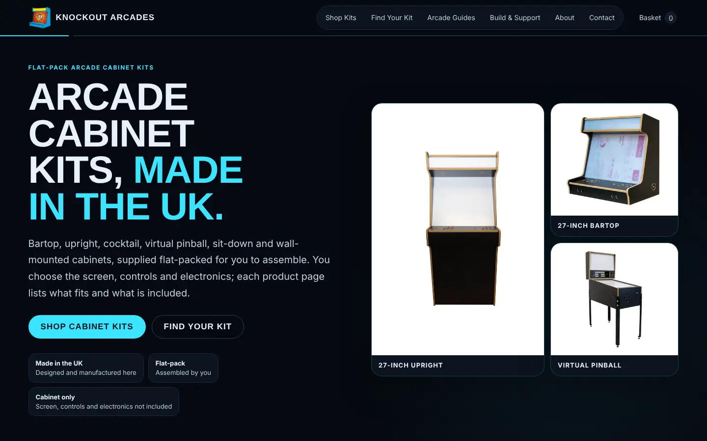 After: the new Knockout Arcades homepage, with arcade cabinet kit photos on a dark background